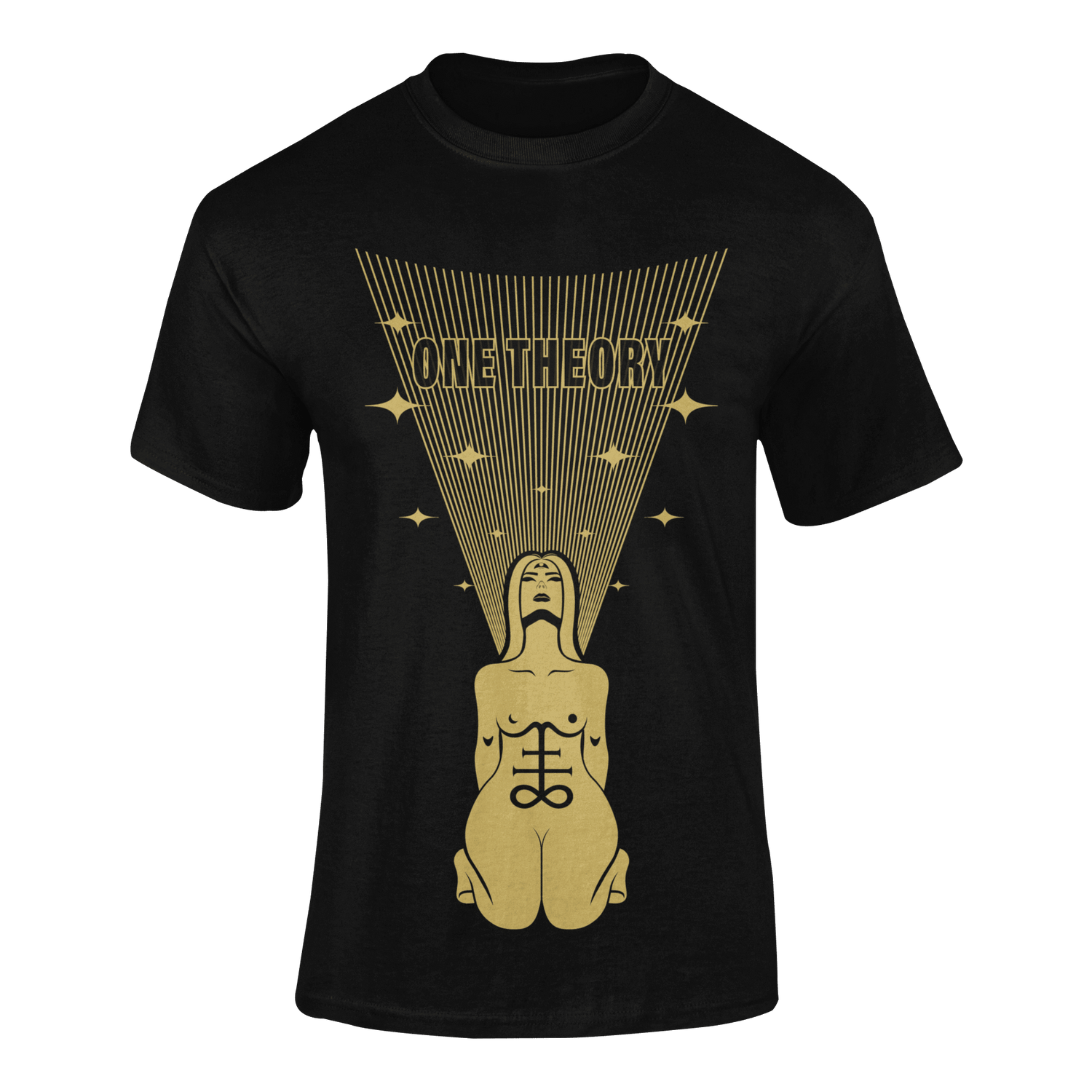 Black t-shirt with a graphic design of a nude figure and 'ONE THEORY' text on a green background