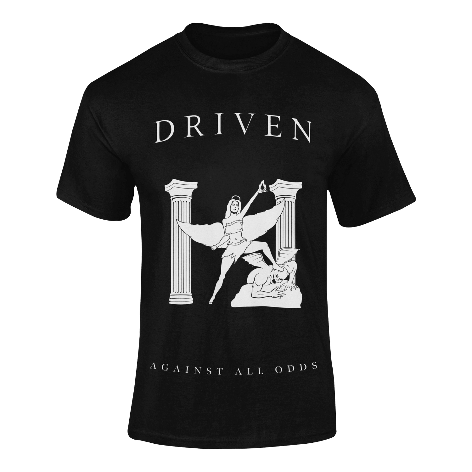 Black t-shirt with white graphic design and text 'Driven Against All Odds' on a green background