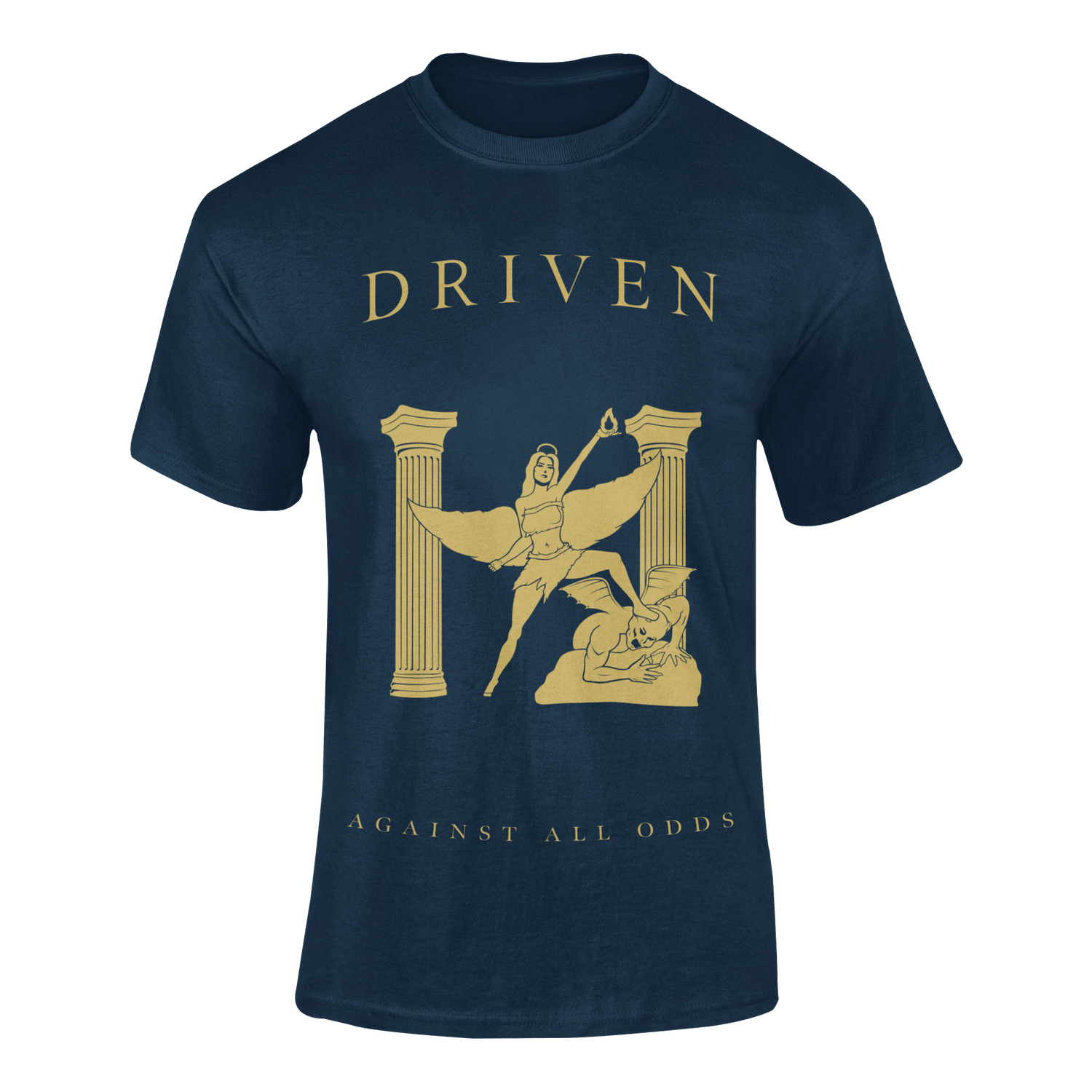 Navy blue t-shirt with gold graphic and text 'Driven Against All Odds' on a transparent background