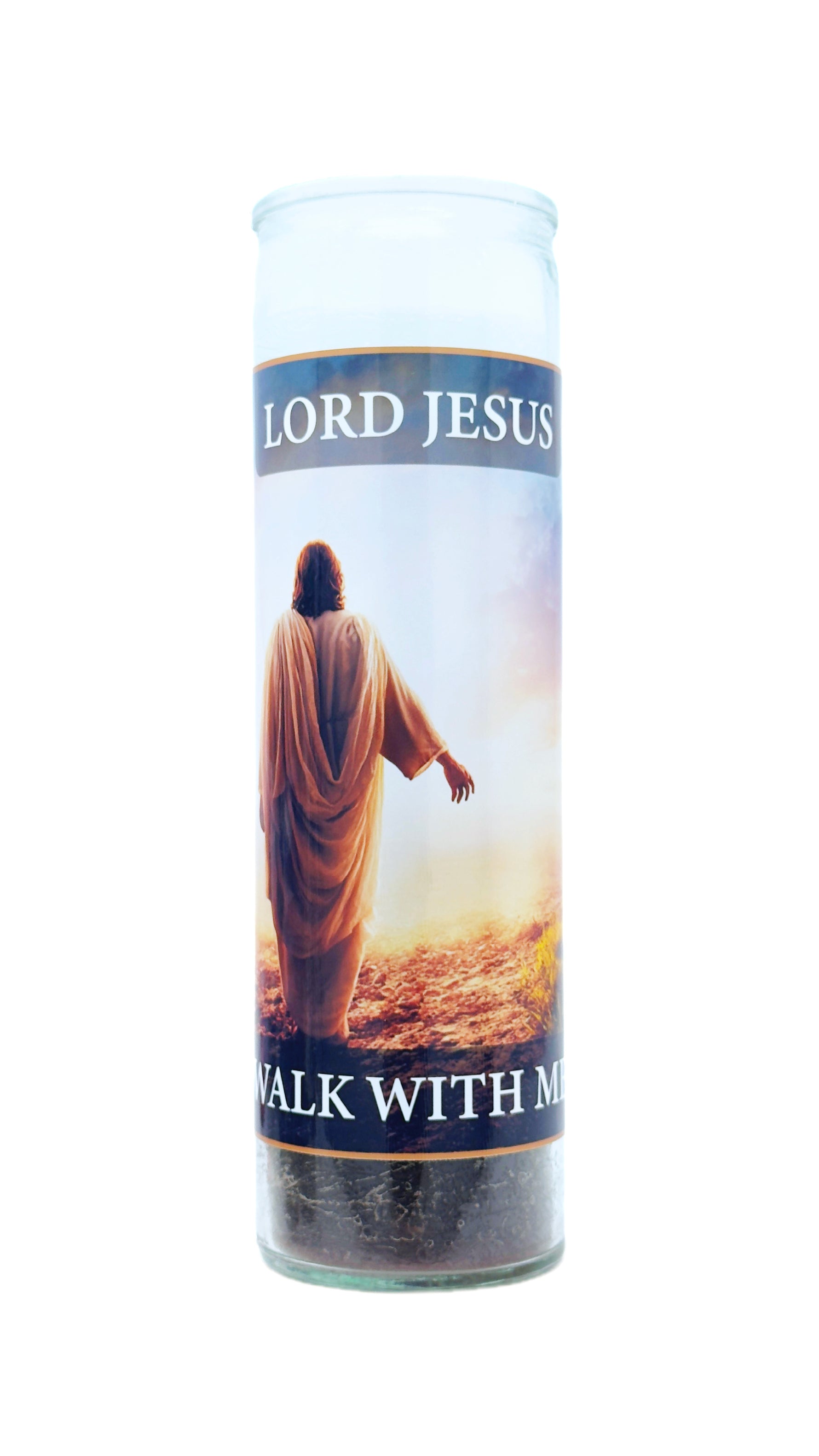 Candle with a religious design featuring a person in a robe and text on a white background