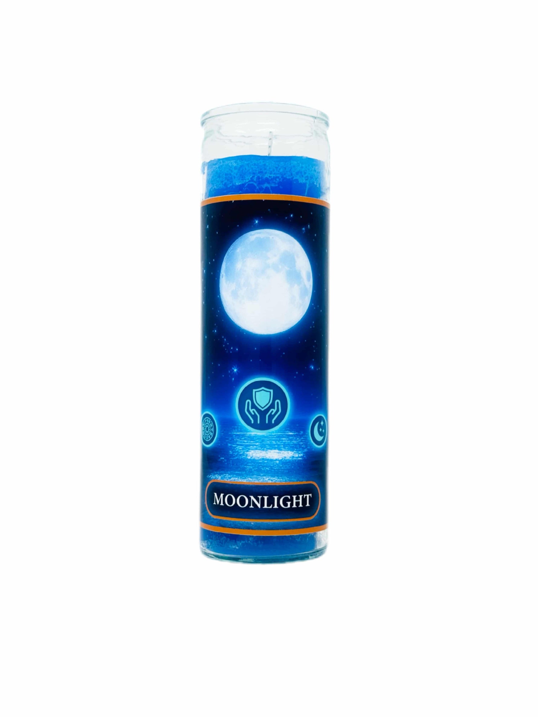 Blue candle with moon design and 'Moonlight' text on a white background