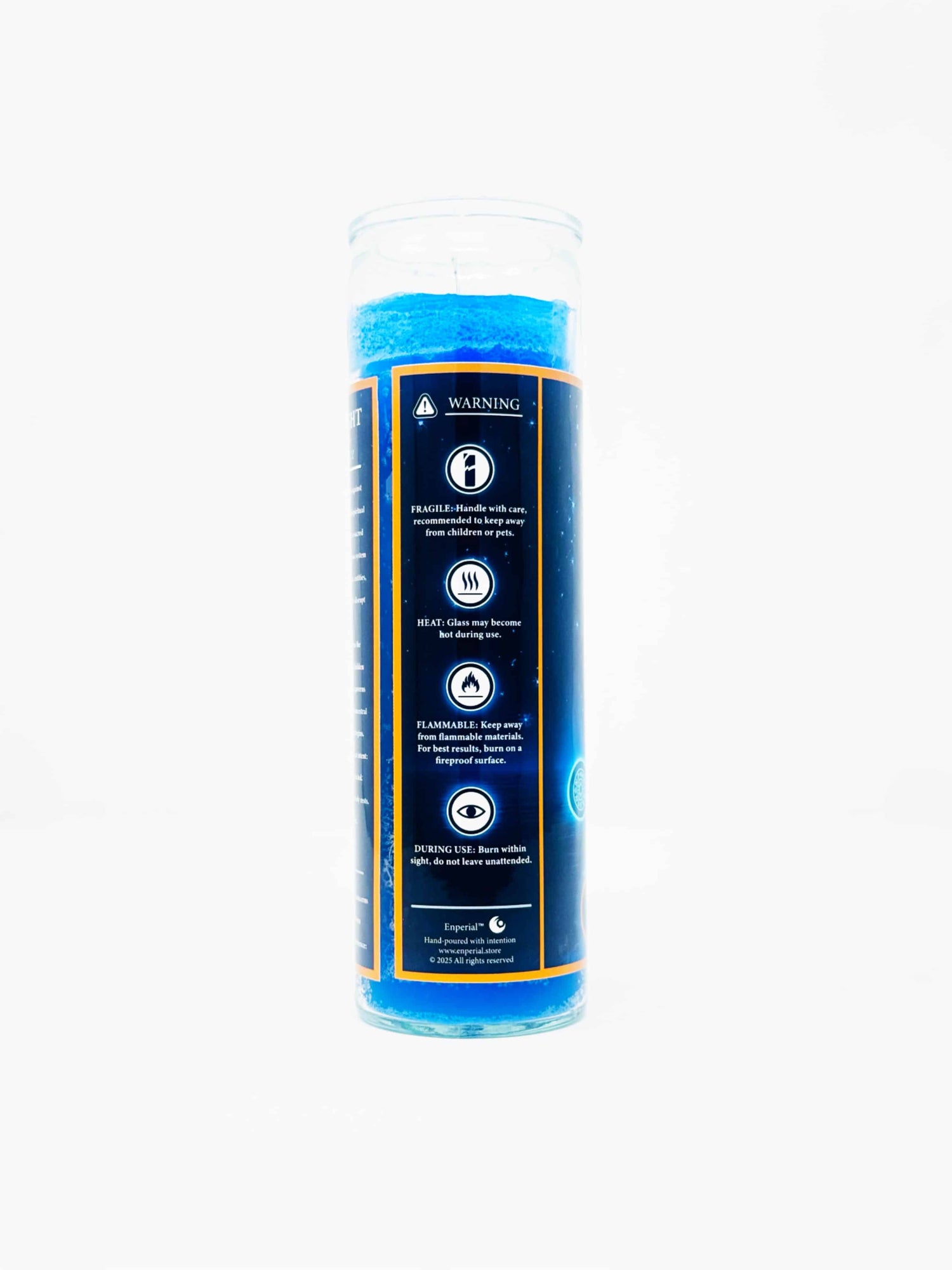 Blue cylindrical container with warning label on a white background