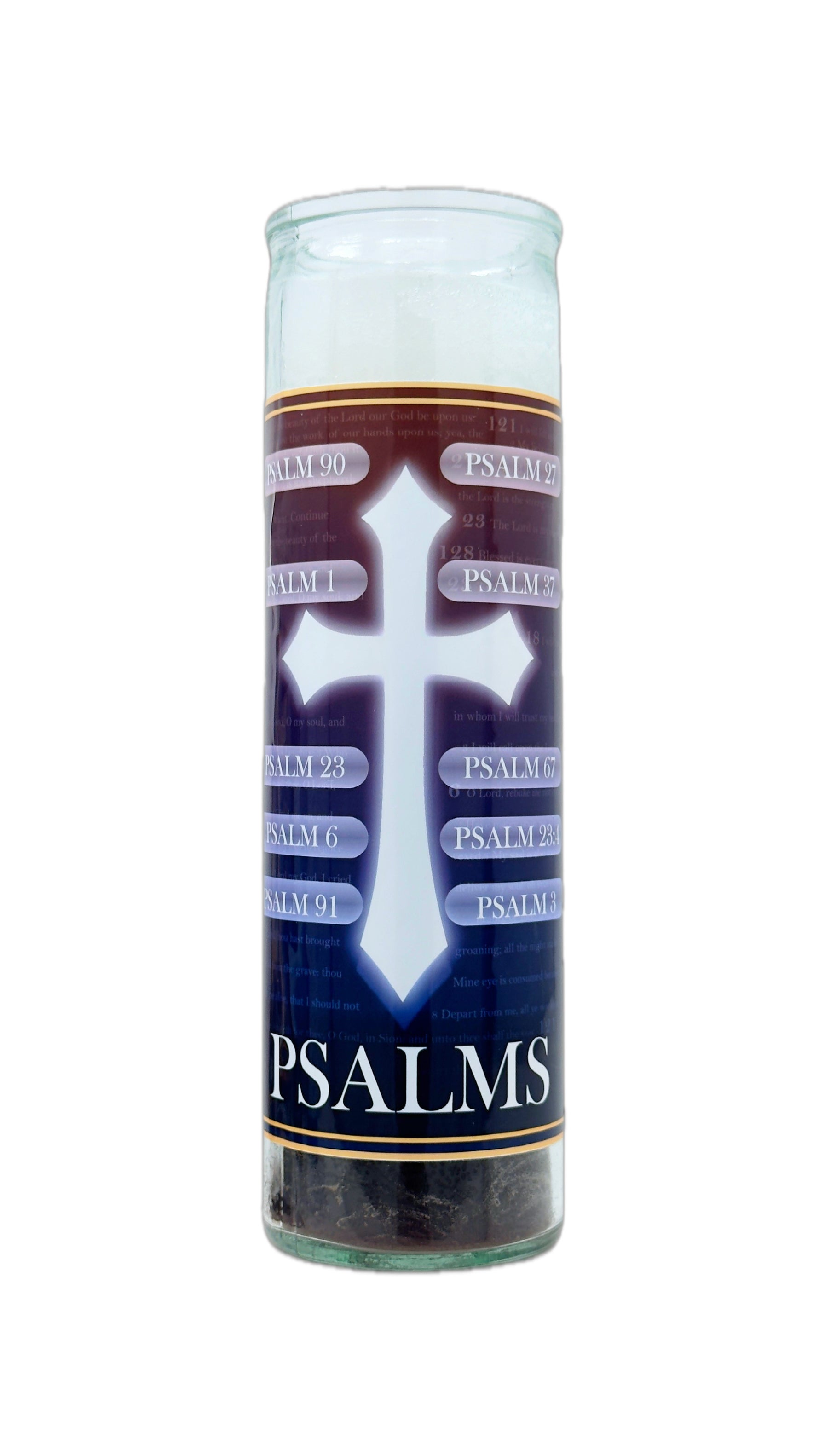 Glass candle with cross design and 'Psalms' text on a white background