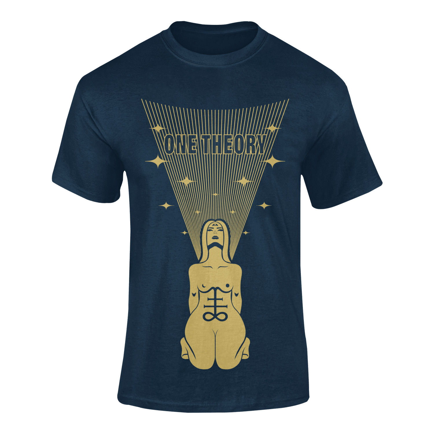 Navy blue t-shirt with graphic design and 'ONE THEORY' text on a transparent background