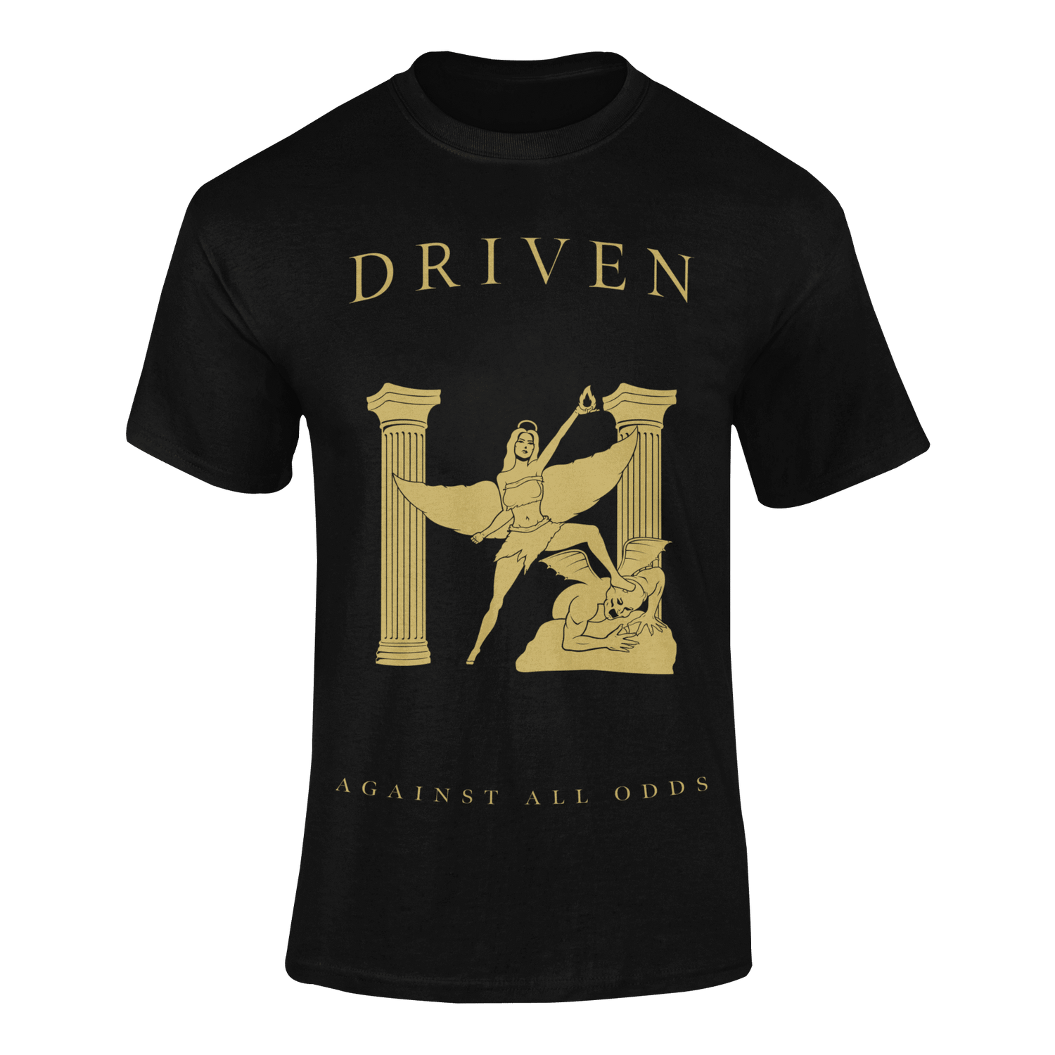 Black t-shirt with gold graphic and text 'Driven Against All Odds' on a white background