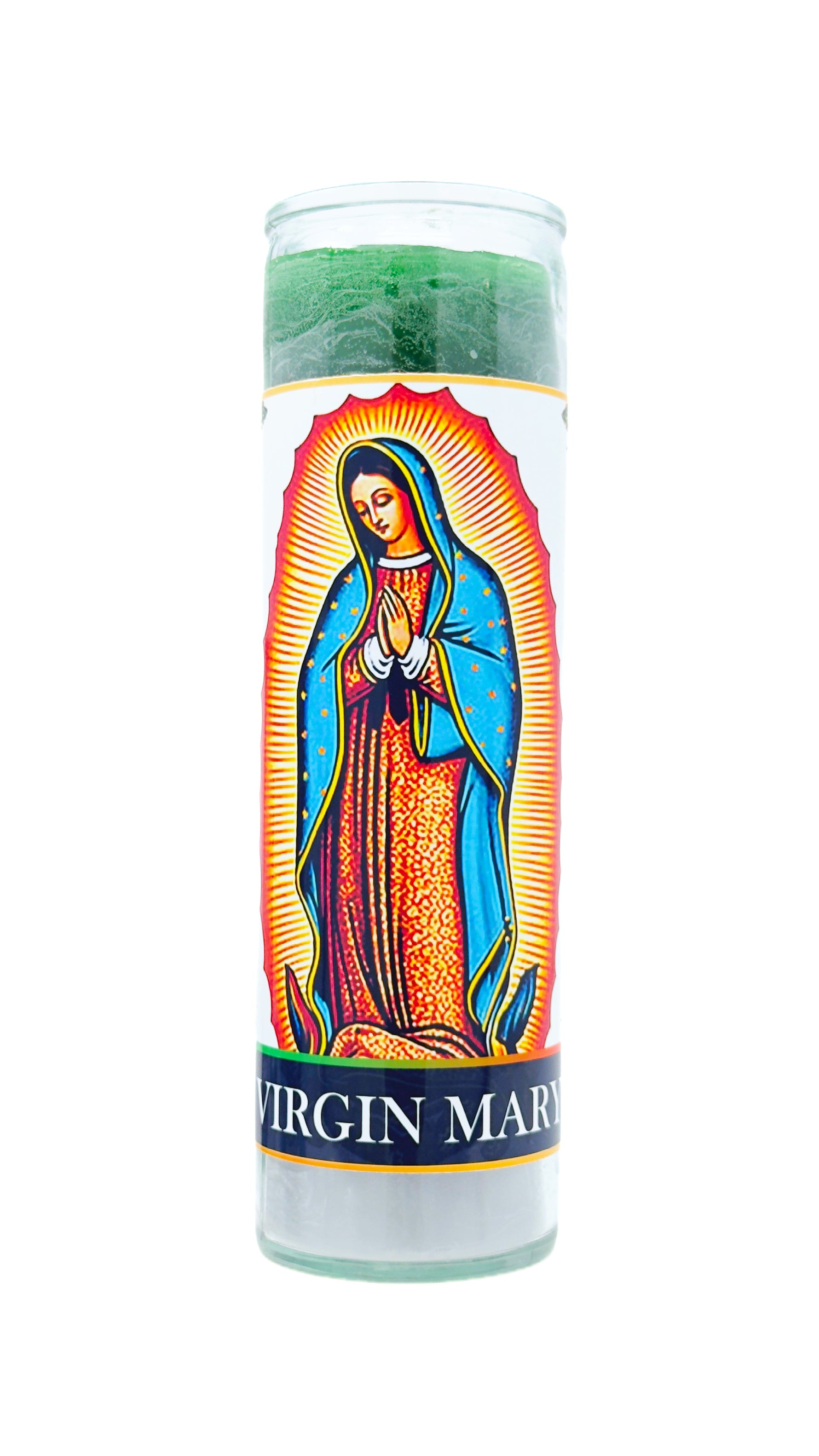 Candle with a colorful depiction of the Virgin Mary on a white background