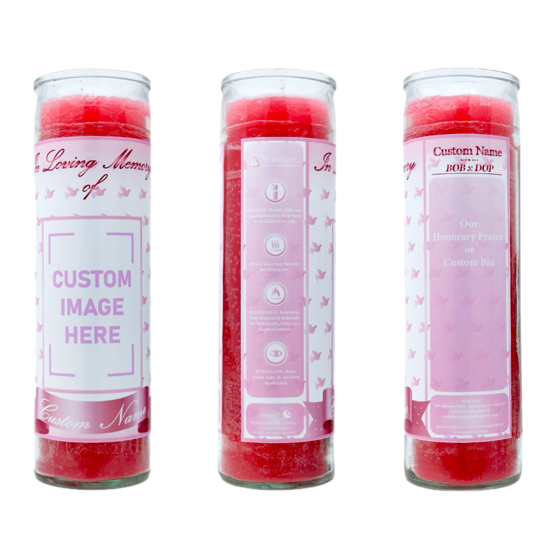 Three cylindrical candles with customizable text on a white background